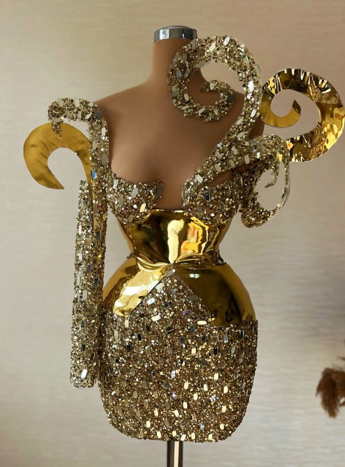 Gold Metallic Crystal Mini Dress - Structured Showgirl Party Dress