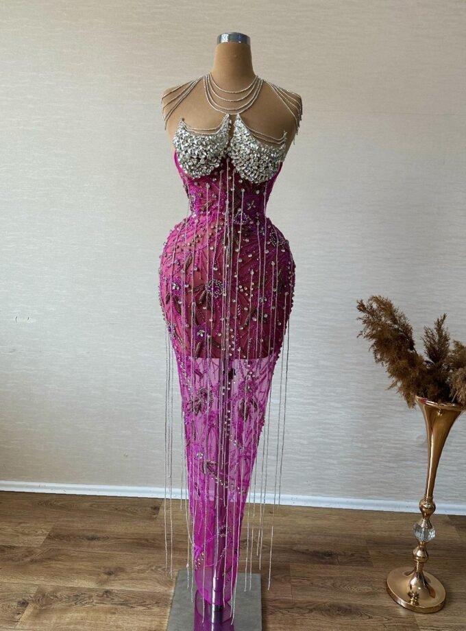 Fuchsia Pink Beaded Body Chain Gown - Crystal Corset Formal Dress