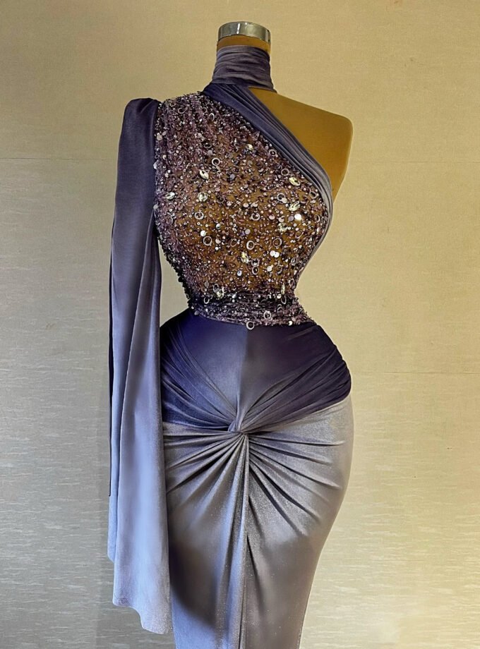 Ombré Velvet One-Shoulder Formal Dress - Beaded Illusion Gown