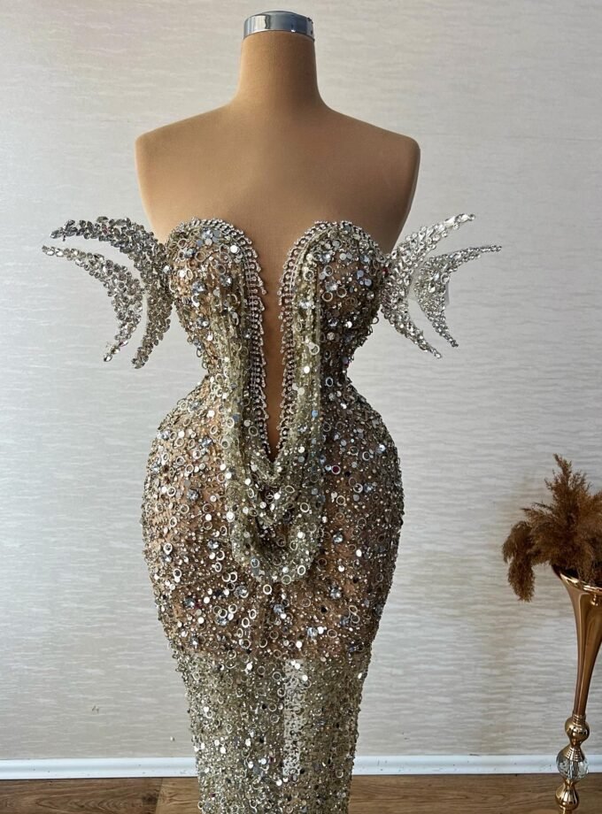 Gold Crystal Beaded Deep Plunge Strapless Gown - Structured Shoulder Formal Dress
