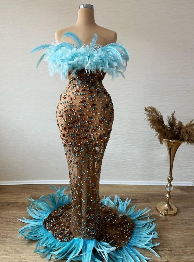 Aqua Feather Beaded Mermaid Gown - Illusion Formal Dress