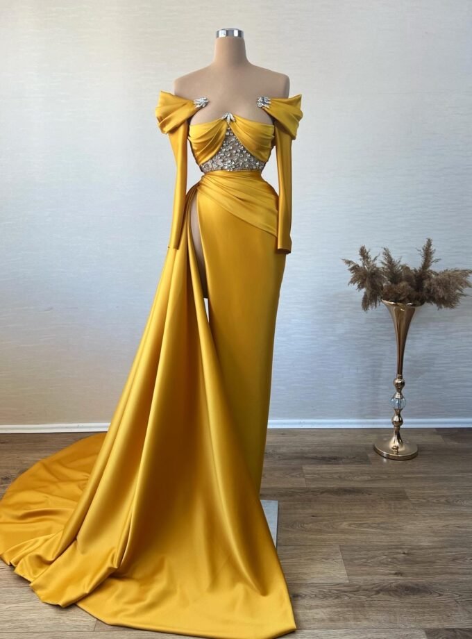 Yellow Off-the-Shoulder Satin Formal Dress - High Slit Long Sleeve Gown
