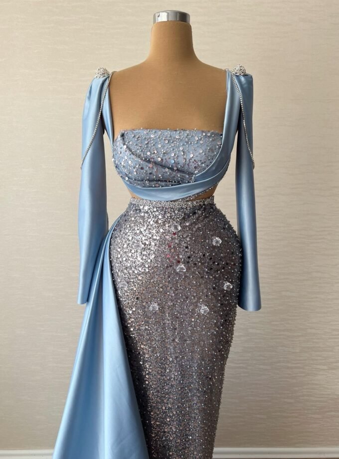 Blue Two-Piece Sequin Formal Dress - Satin Crop Top Gown