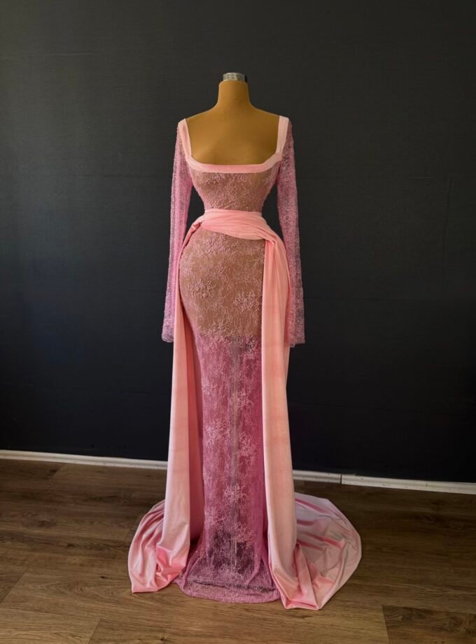 Dusty Pink Lace Illusion Long Sleeve Formal Gown - Square Neck Dress