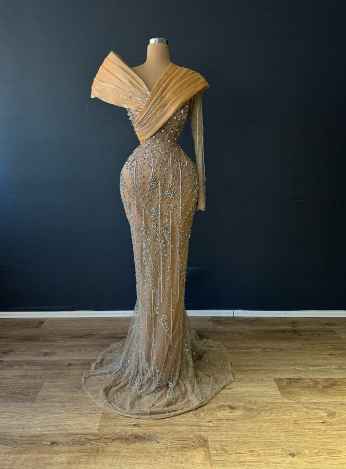 Nude Gold Beaded Illusion Formal Gown - Off-the-Shoulder Drape Dress