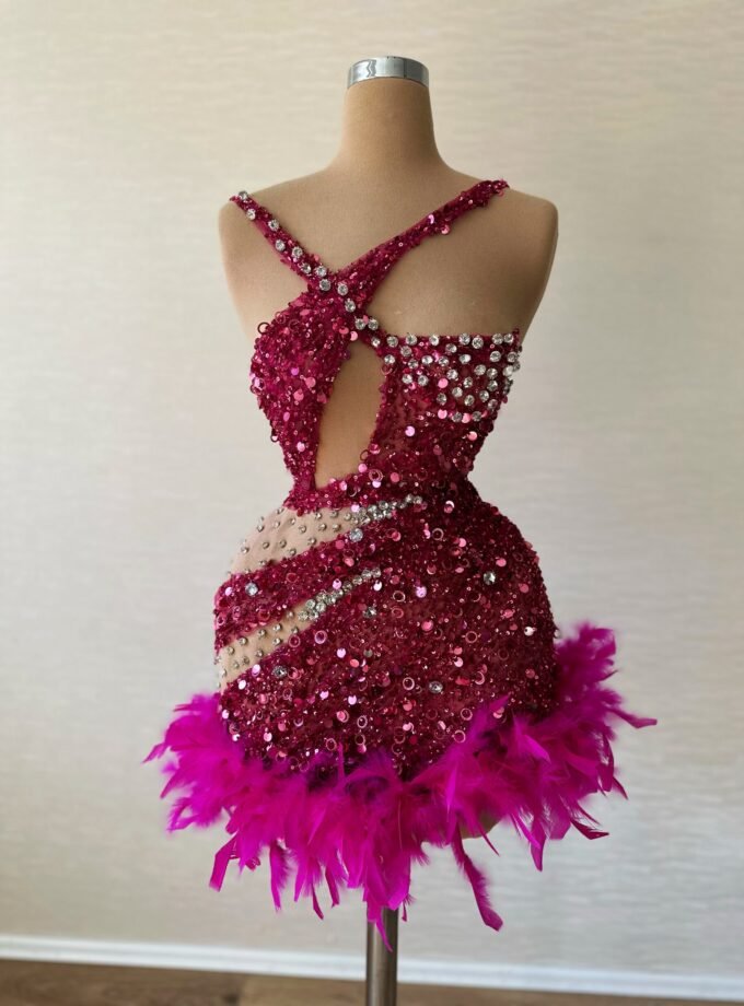 Fuchsia Pink Sequin Feather Dance Dress - Cutout Mini Costume