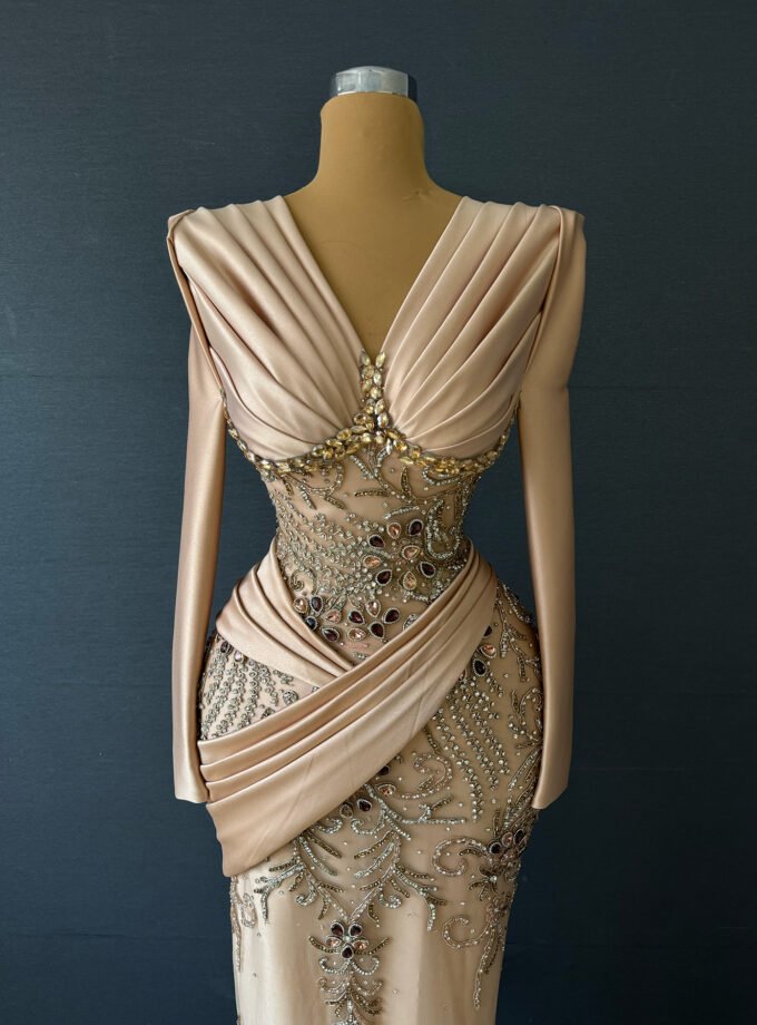 Champagne Satin Draped Formal Gown - Crystal Beaded Long Sleeve Dress