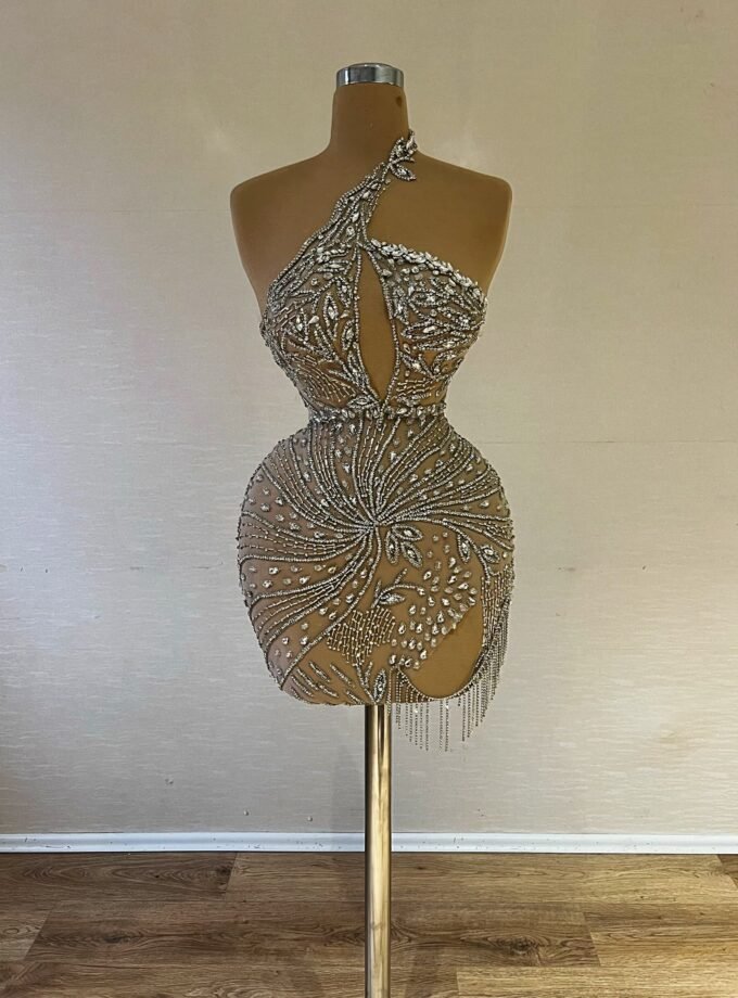 Silver Crystal Beaded Asymmetric Mini Dress - Chain Fringe Party Dress