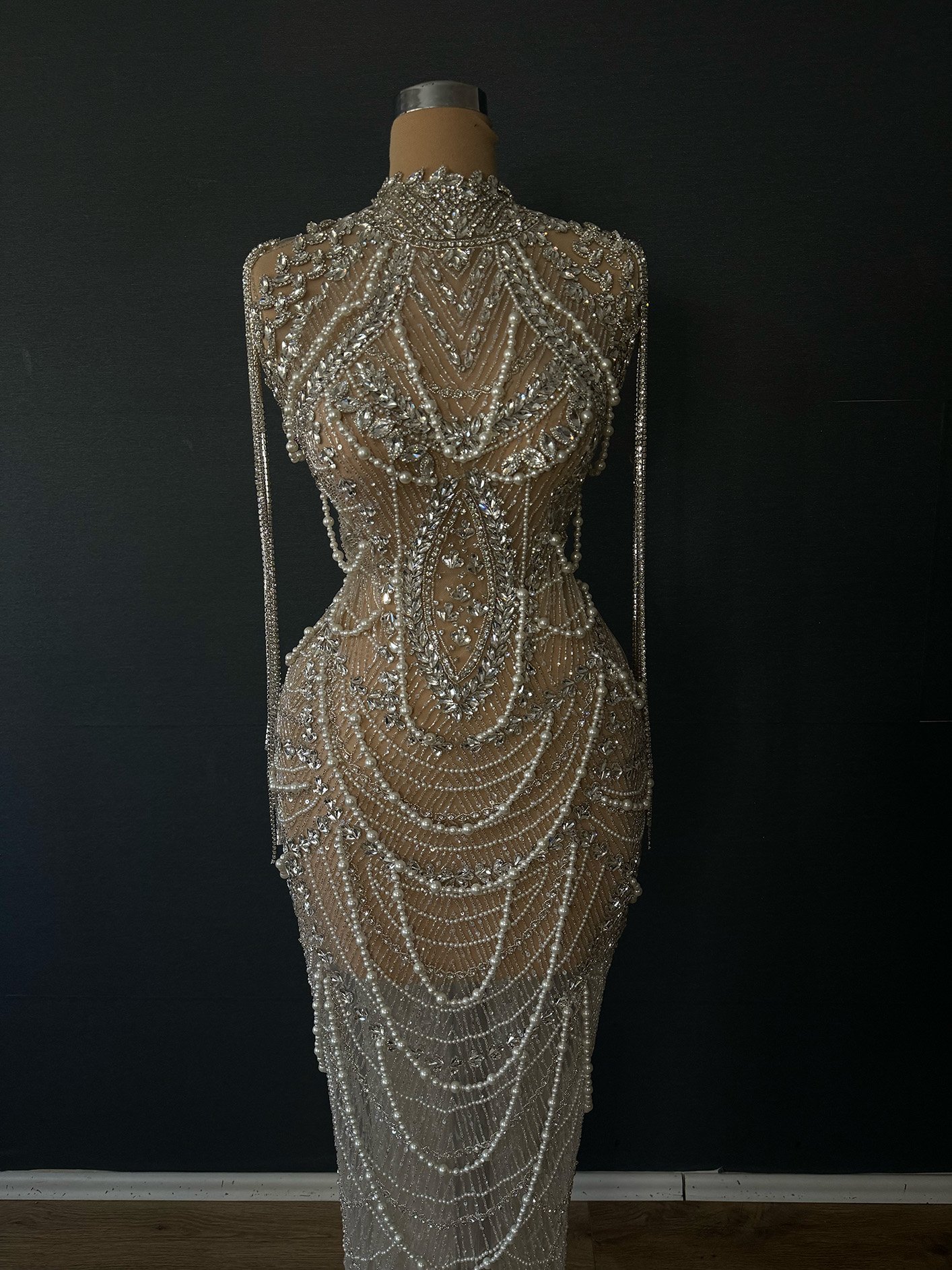 White Pearl and Crystal High Neck Formal Gown - Illusion Chain Detail Dress - Image 2