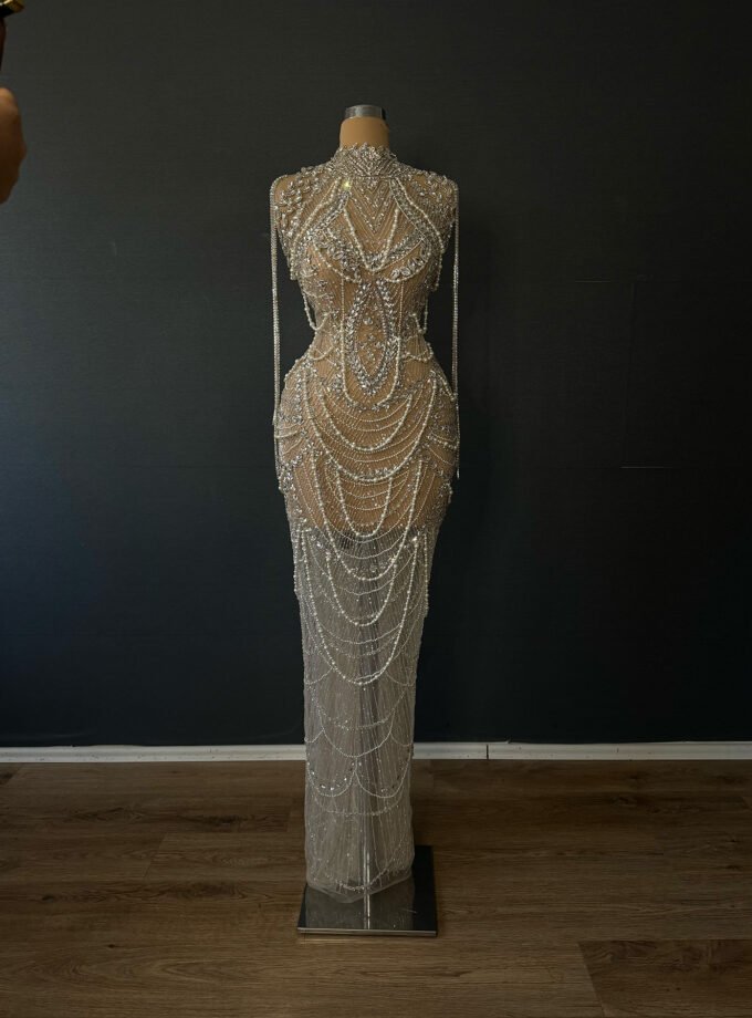 White Pearl and Crystal High Neck Formal Gown - Illusion Chain Detail Dress