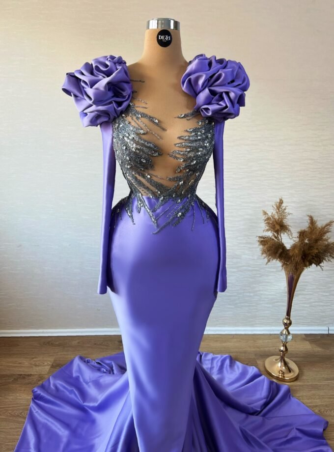 Purple Satin Mermaid Gown - 3D Flower Shoulder Illusion Dress