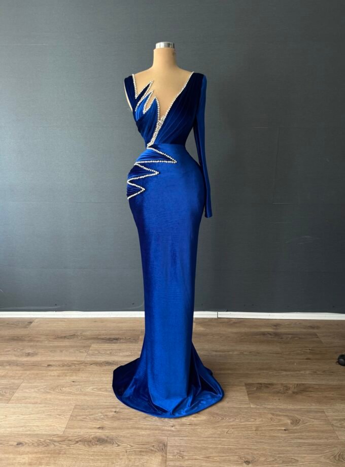 Royal Blue Velvet Long Sleeve Formal Dress - Pearl Trim Cutout Gown