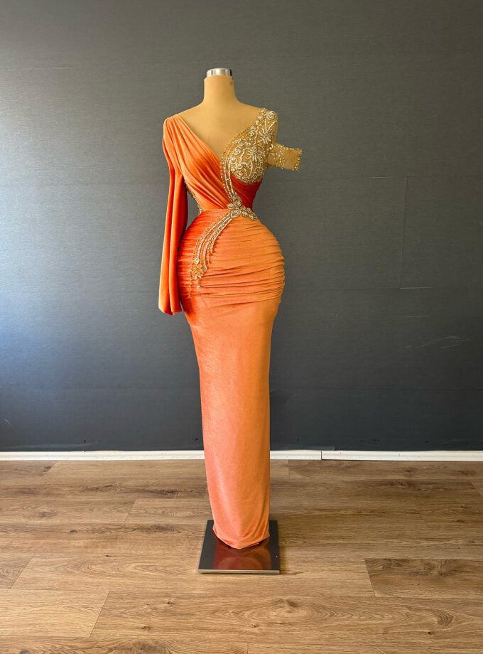 Burnt Orange Velvet Formal Gown - Ruched Gold Beaded One-Shoulder Dress