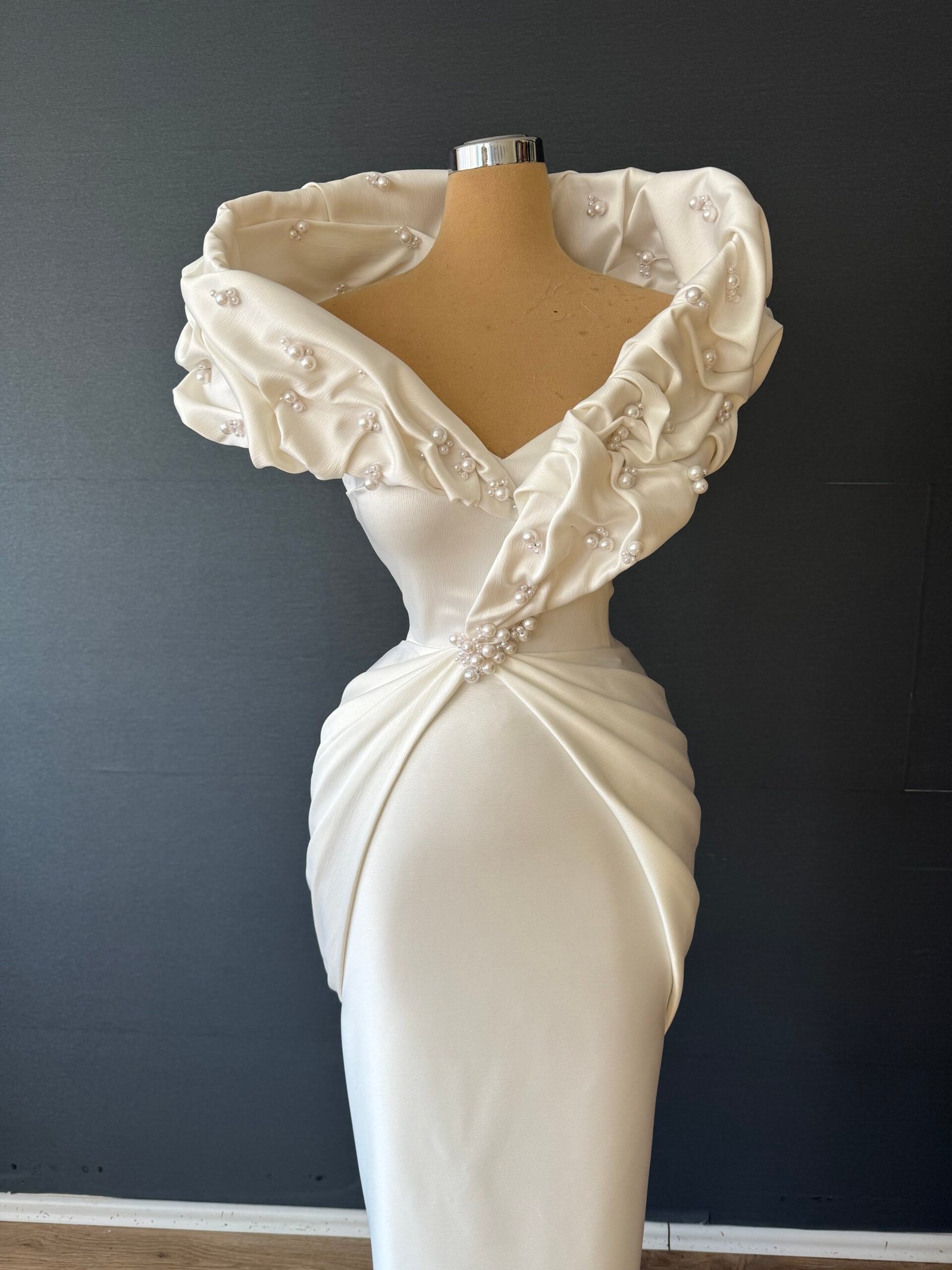 Ivory Satin Draped Off-the-Shoulder Formal Gown - Pearl Neckline Dress - Image 2