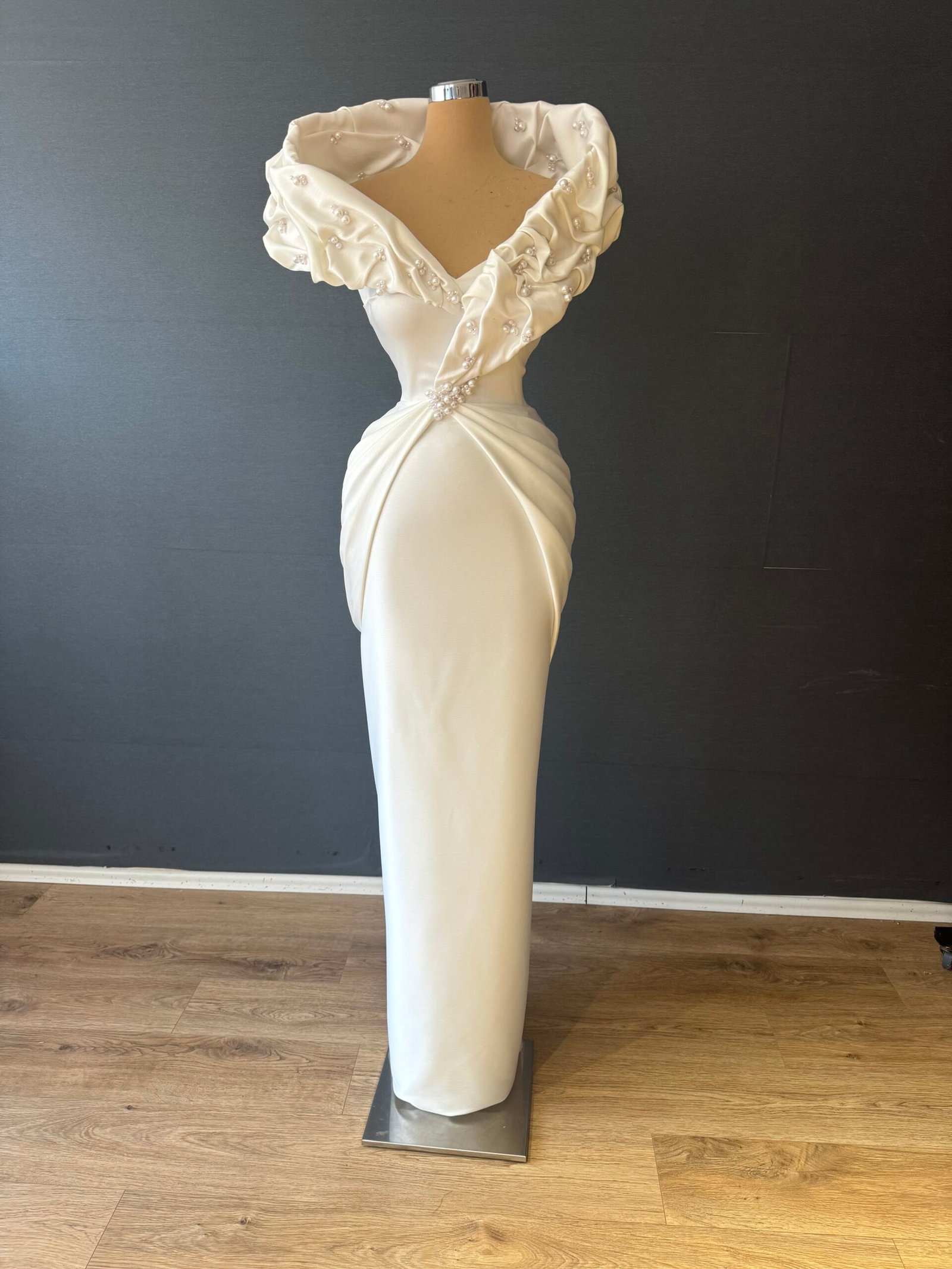 Ivory Satin Draped Off-the-Shoulder Formal Gown - Pearl Neckline Dress