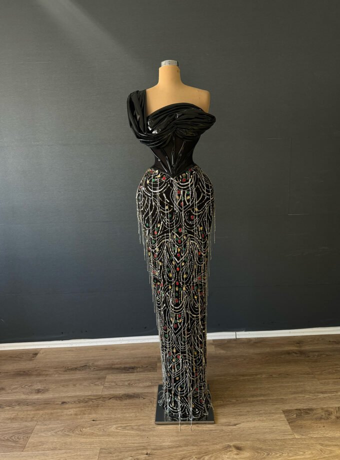 Black Crystal Chain Fringe Formal Gown - Sculptural One-Shoulder Dress