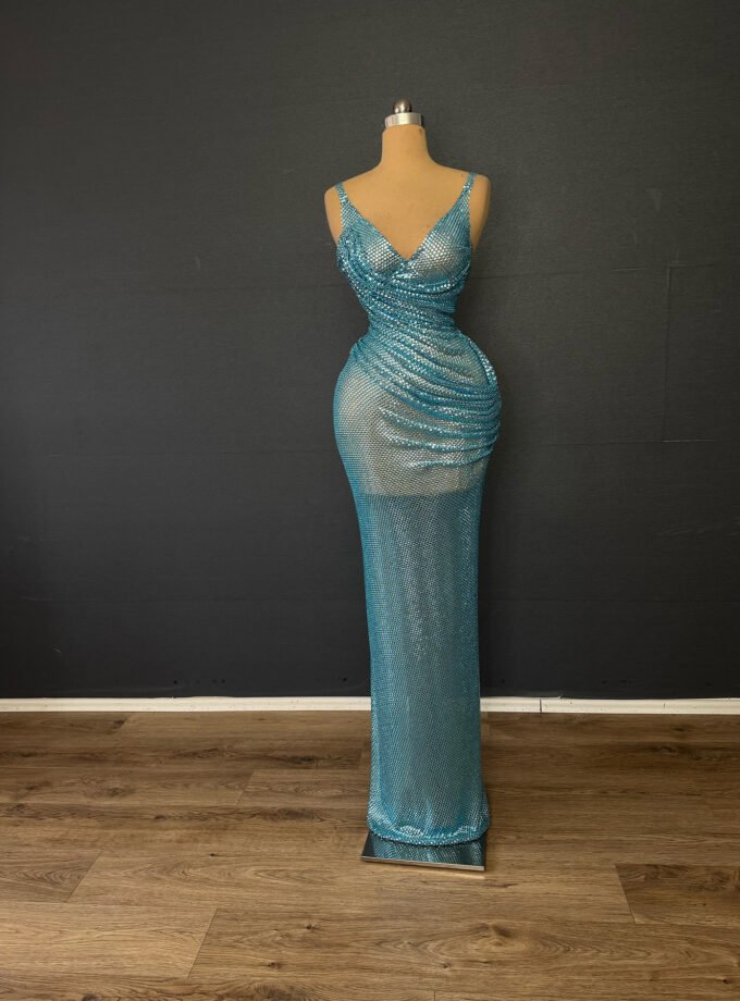 Sky Blue Sequin Mesh Column Gown - Ruched Draped Formal Dress