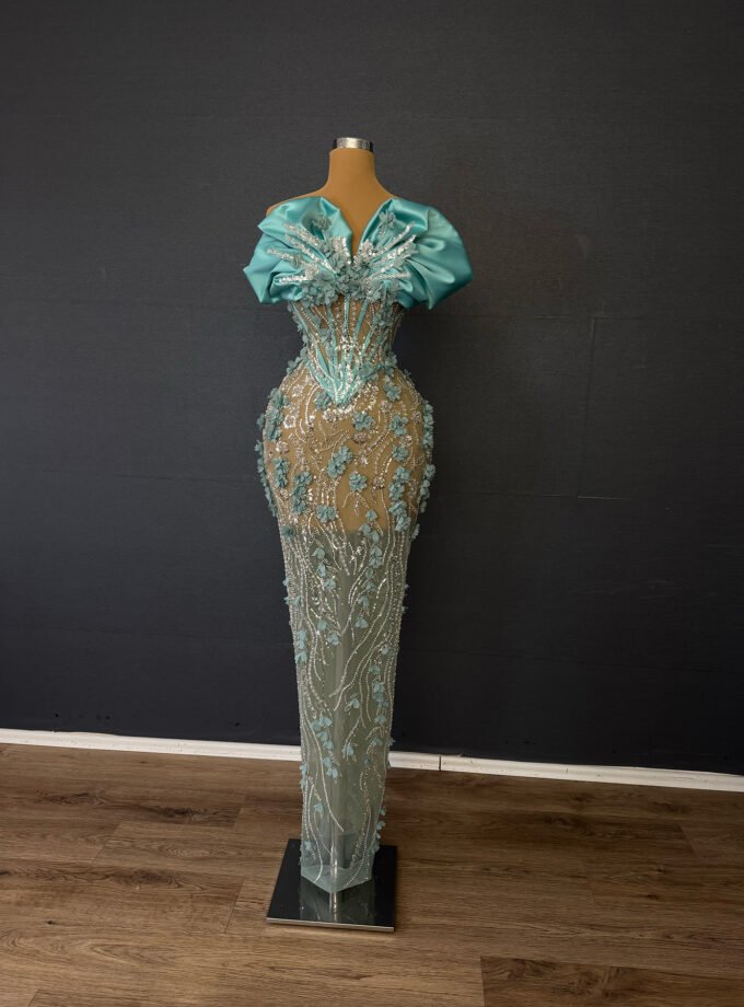 Mint Green Floral Beaded Illusion Gown - Voluminous Puff Sleeve Formal Dress