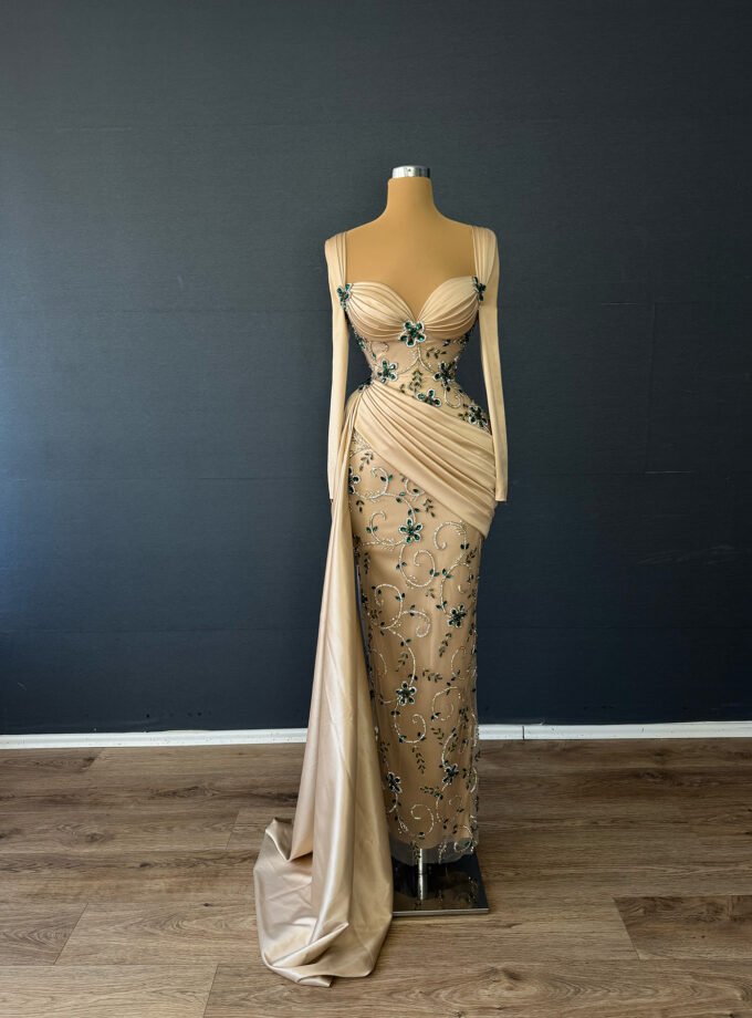 Champagne Gold Floral Beaded Illusion Gown - Satin Drape Formal Dress