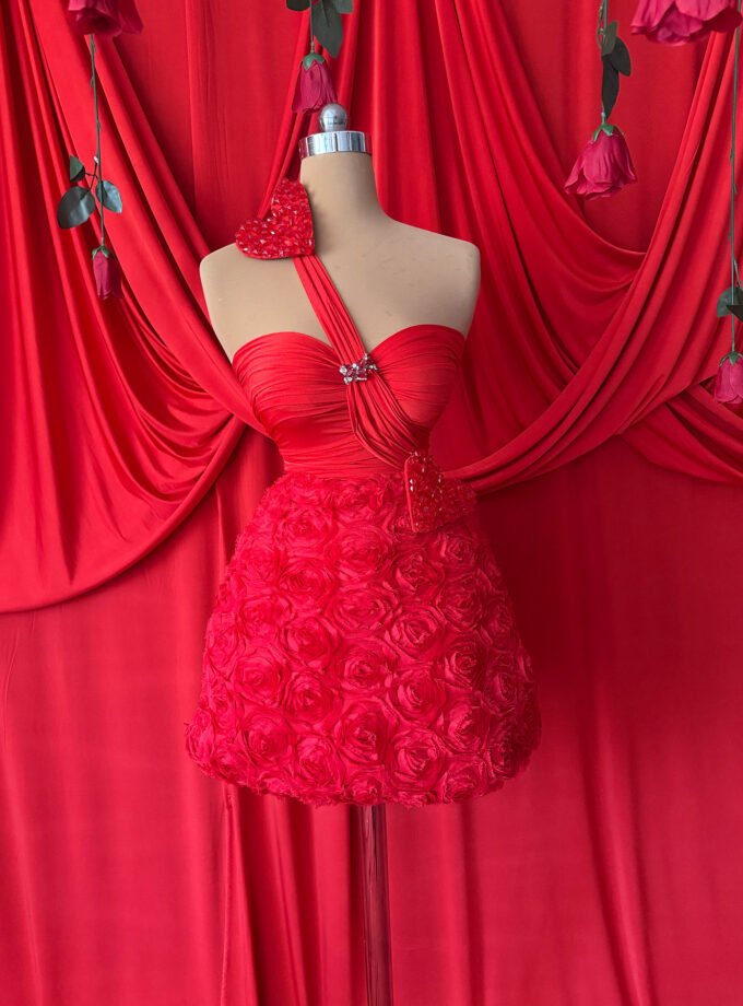 Red Rosette Skirt Mini Dress - Heart Rhinestone Strapless Party Dress