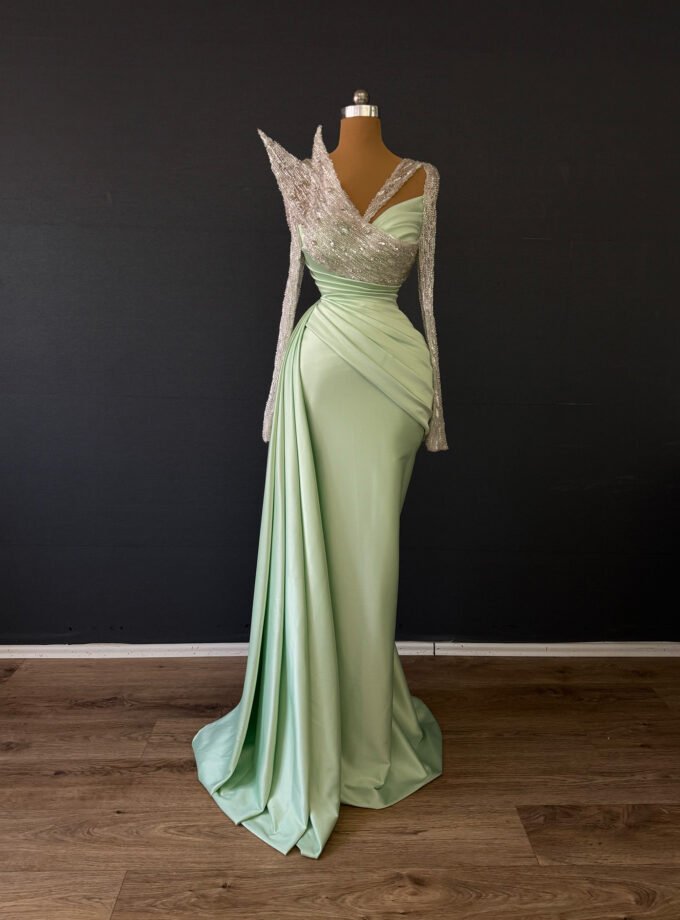 Mint Green Satin Formal Dress - Crystal Sculptural Long Sleeve Gown
