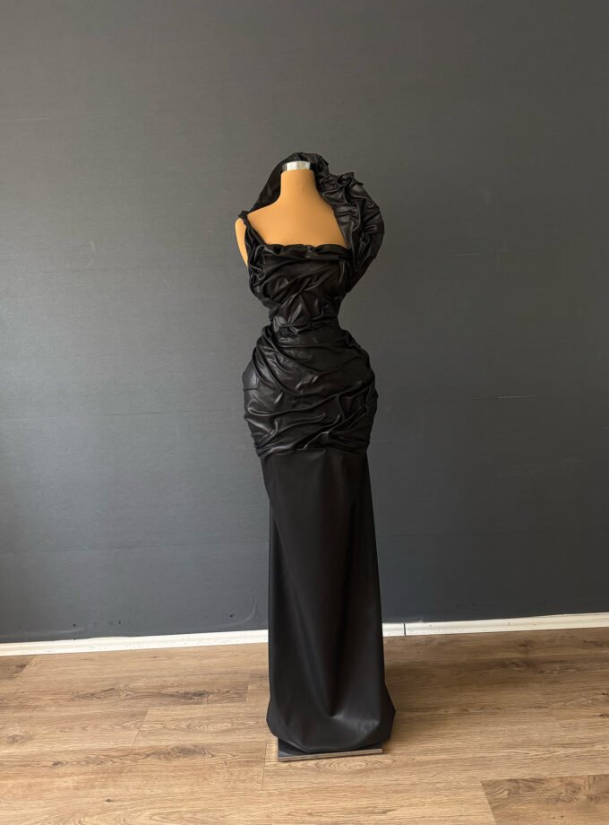 Black Faux Leather Ruched Formal Gown - Sculptural Ruffle Evening Dress