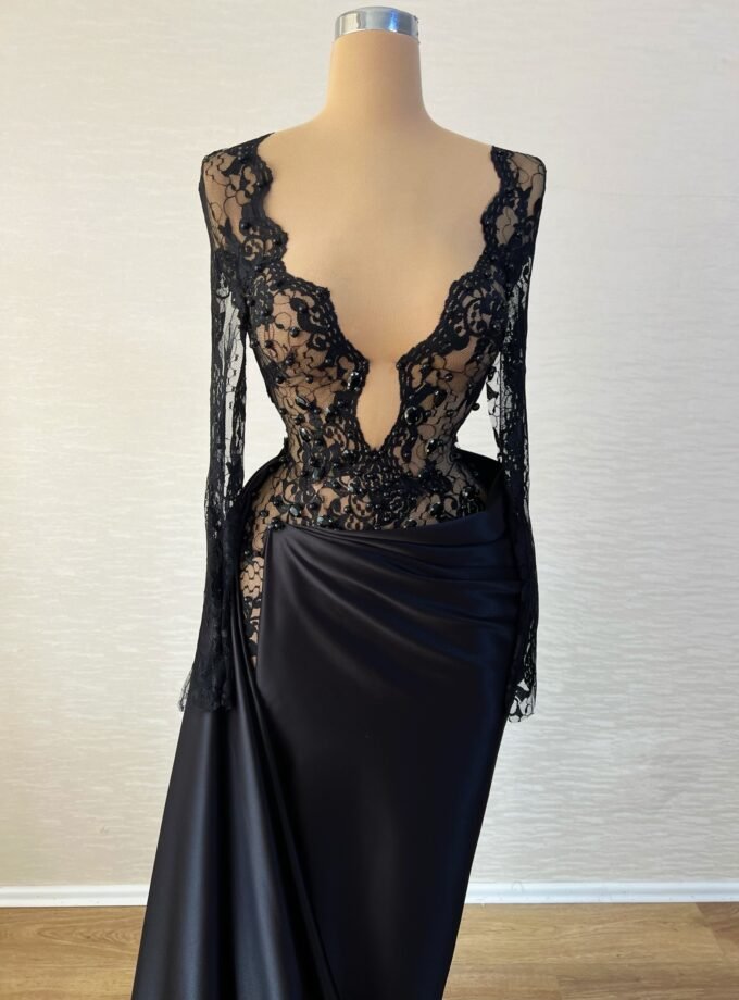 Black Deep V-Plunge Lace Long Sleeve Gown - Satin Drape Formal Dress
