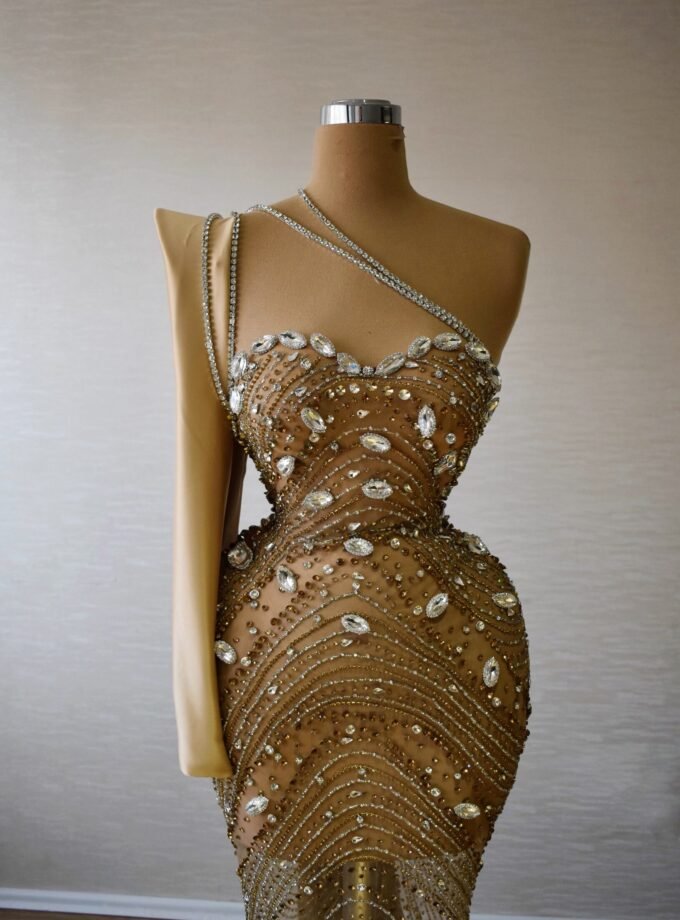 Gold Beaded One-Shoulder Formal Dress - Crystal Embellished Illusion Gown
