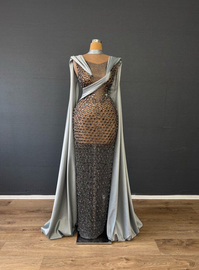 Black Crystal Beaded Formal Gown - High Neck Cape Sleeve Evening Dress