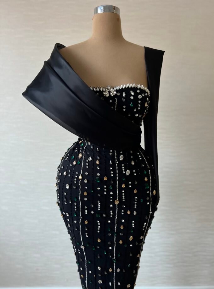 Black Crystal Beaded Formal Gown - Off-the-Shoulder Satin Drape Dress