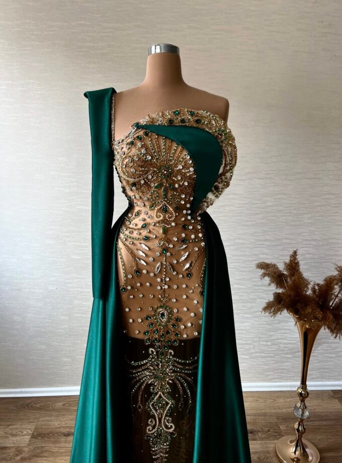 Emerald Green One-Shoulder Illusion Gown - Crystal Beaded Formal Dress