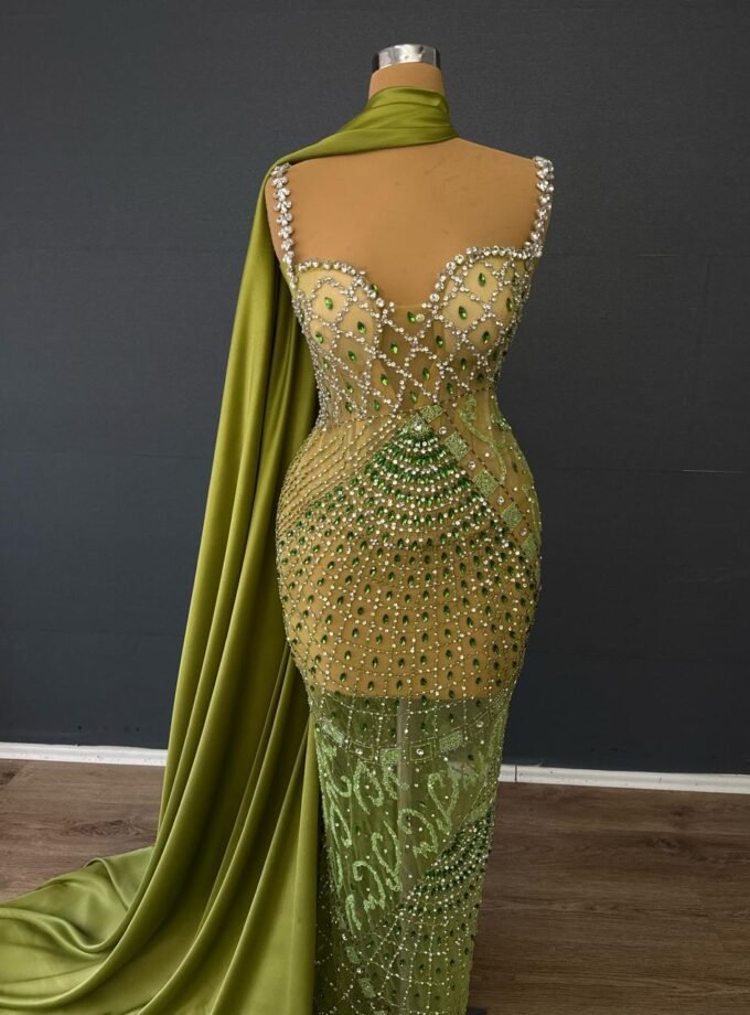 Olive Green Crystal Beaded Illusion Gown - Satin Drape Formal Dress