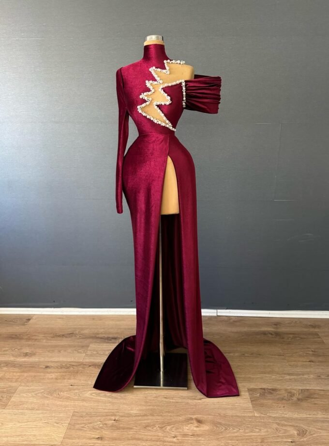 Burgundy Velvet High Slit Formal Gown - Crystal Cutout One-Shoulder Dress