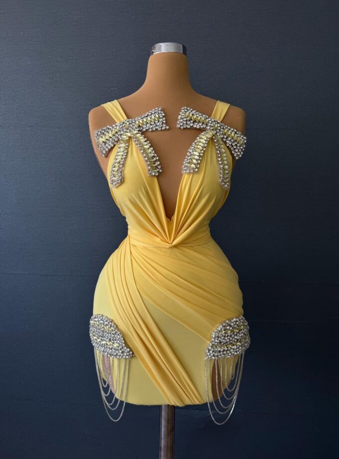 Yellow Ruched Deep V Mini Dress - Crystal Bow Chain Fringe Cocktail Dress