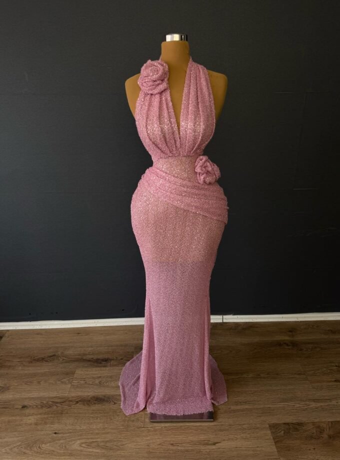 Dusty Pink Sequin Halter Neck Gown - Deep V-Plunge Floral Formal Dress