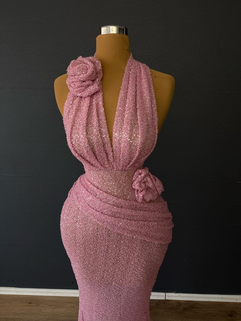 Dusty Pink Sequin Halter Neck Gown - Deep V-Plunge Floral Formal Dress - Image 2