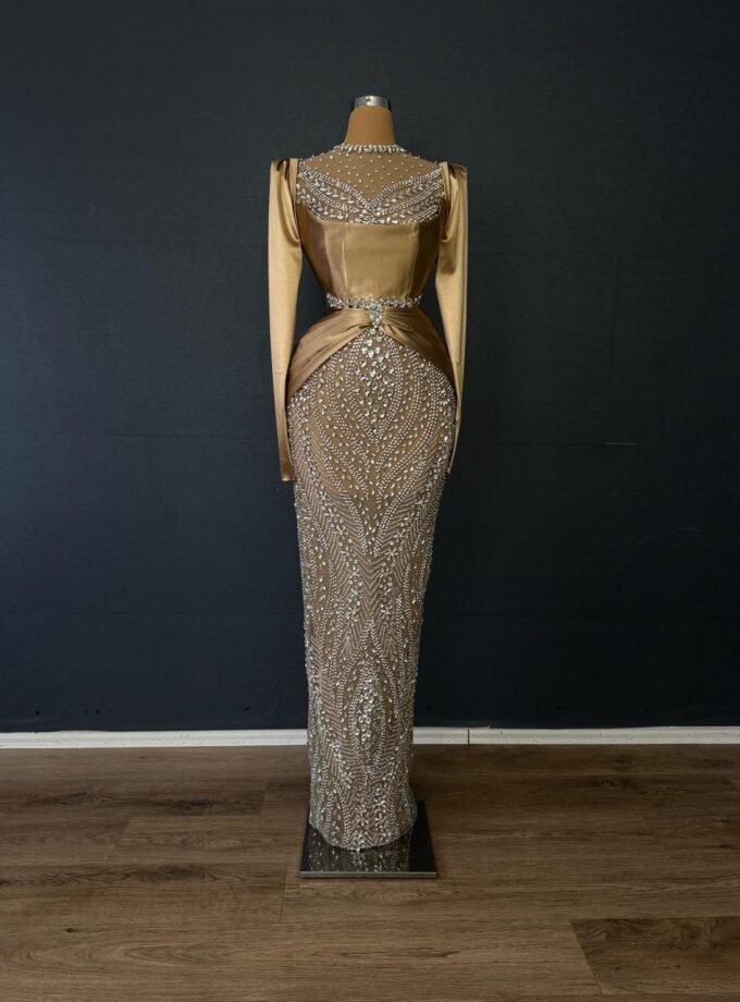 Gold Satin Long Sleeve Formal Dress - Crystal Beaded Illusion Gown