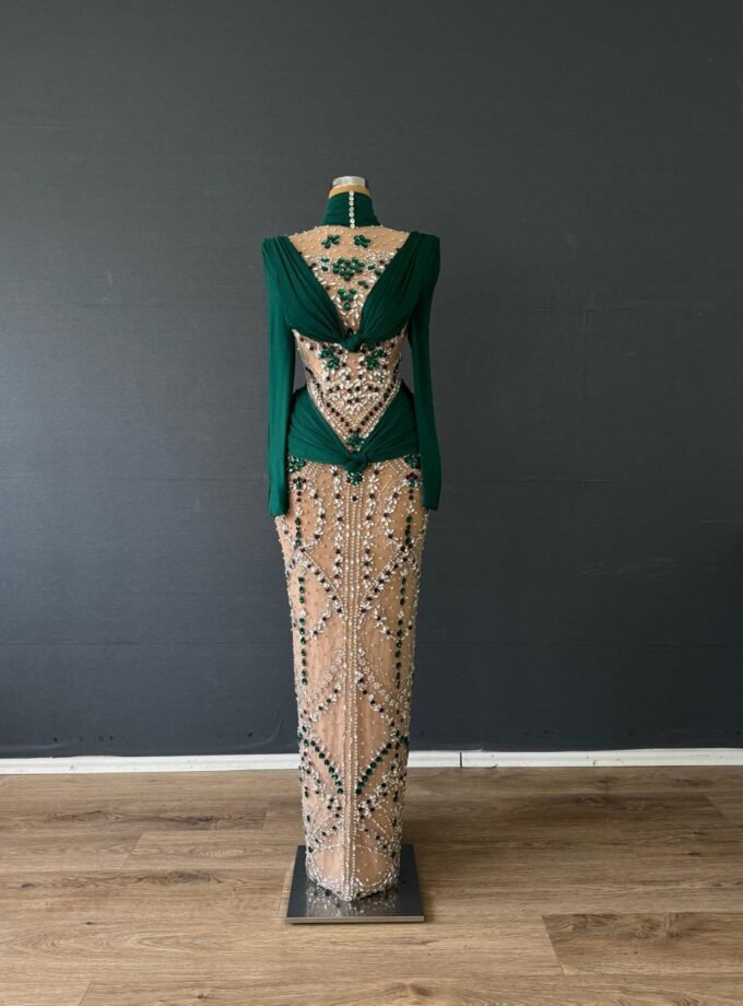 Emerald Green Long Sleeve Illusion Gown - Crystal Beaded Formal Dress