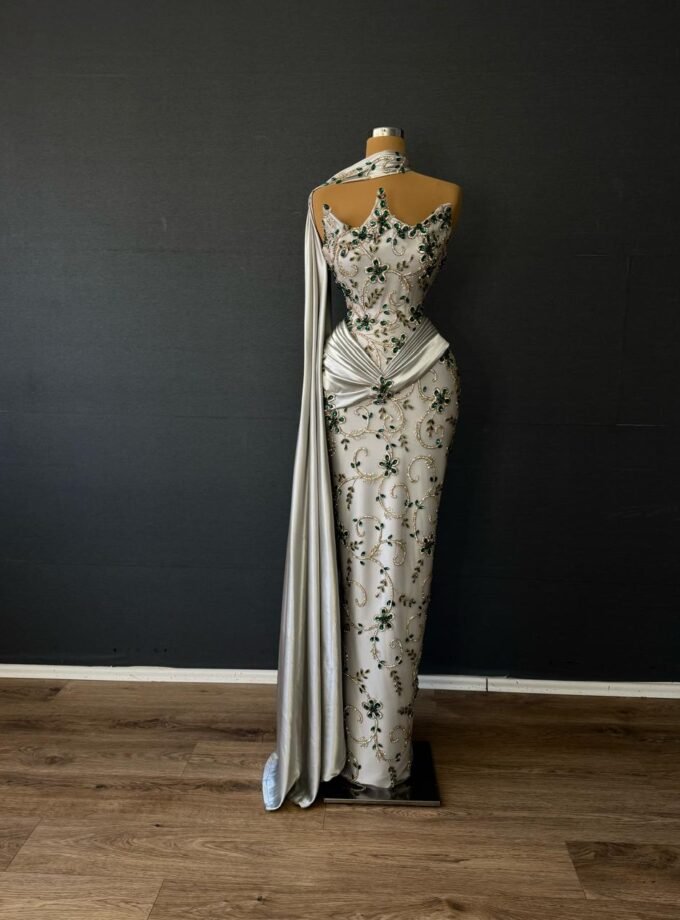 Silver Beaded Floral Formal Gown - High Neck Drape Evening Dress