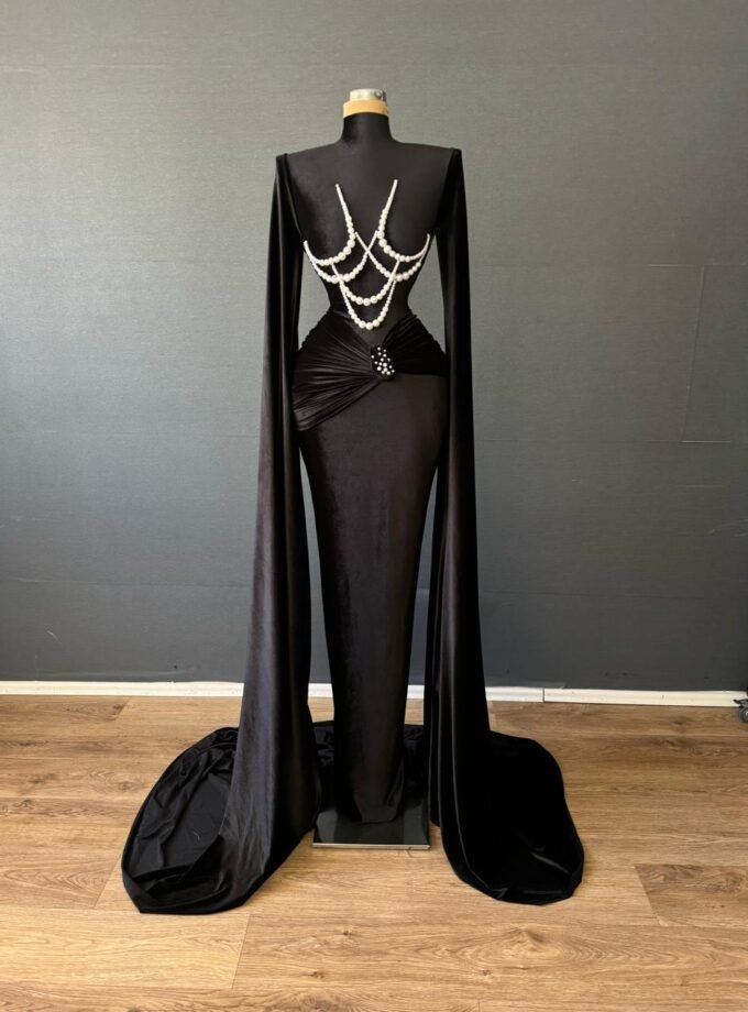 Black Velvet Long Drape Sleeve Formal Gown - Pearl Back Chain Evening Dress