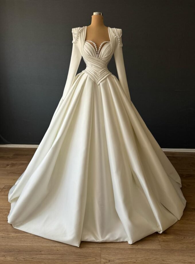 Ivory White Satin Ball Gown - Structured Shoulder Long Sleeve Bridal Dress
