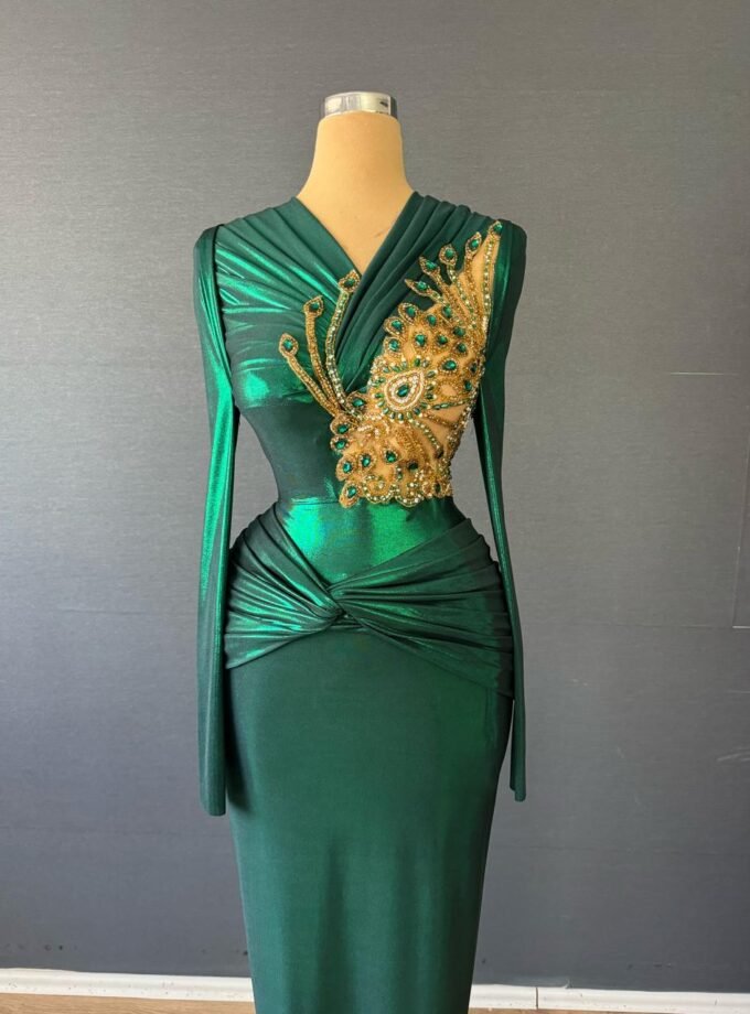 Metallic Green Long Sleeve Formal Gown - Gold Crystal Butterfly Embellishment