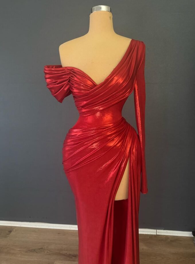 Metallic Red Ruched One-Shoulder Gown - High Slit Long Sleeve Formal Dress