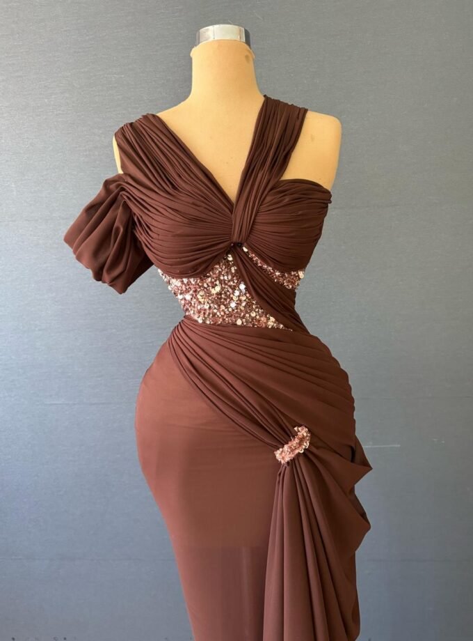 Brown Ruched Formal Gown - Asymmetric Sequin Cutout Evening Dress