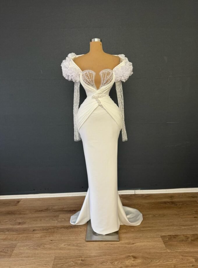 Ivory Off-the-Shoulder Floral Formal Gown - Crystal Sleeve Dress