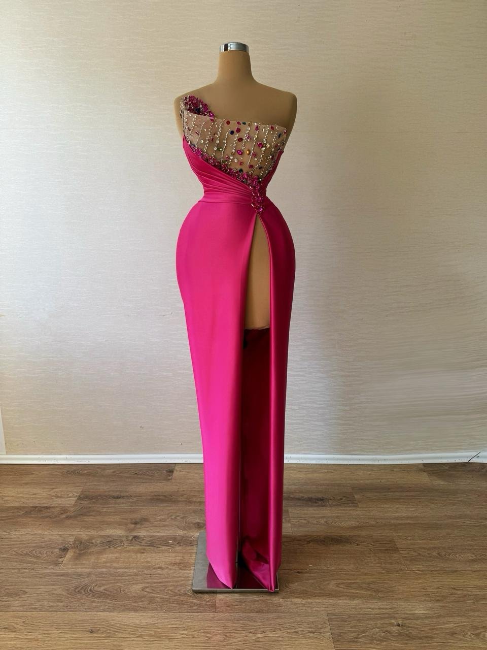 Fuchsia Pink High Slit Formal Gown - Multi-Color Beaded Illusion Dress