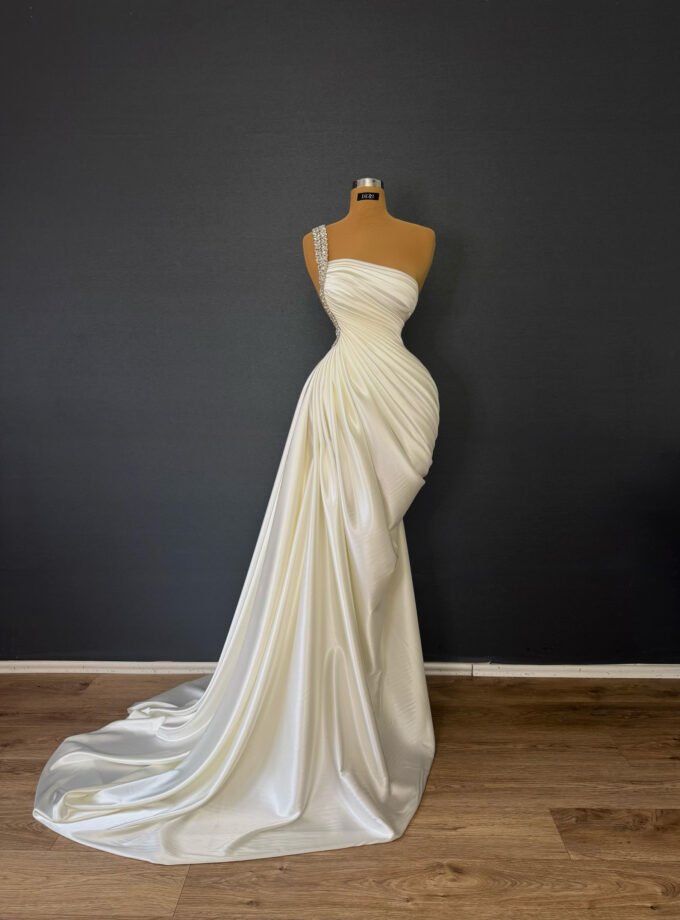 White Draped One-Shoulder Satin Gown - Crystal Strap Wedding Dress