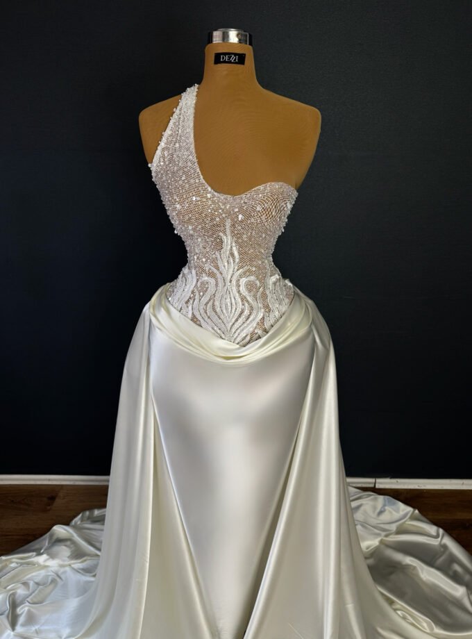 White One-Shoulder Beaded Wedding Dress - Sculptural Satin Over-Skirt