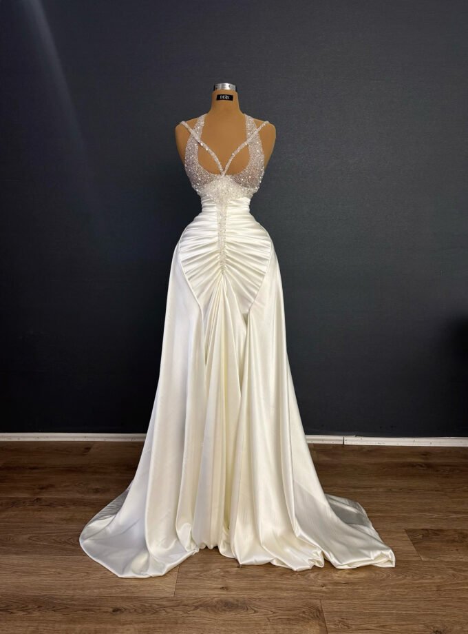 White Crystal Beaded Halter Illusion Wedding Dress - Ruched Satin Skirt