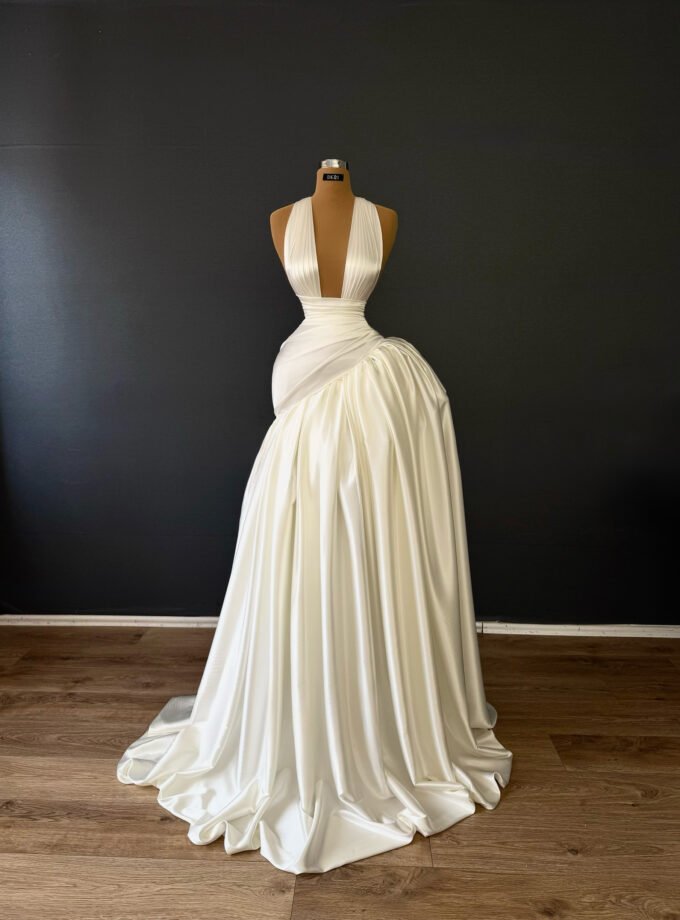 White Plunge Halter Satin Wedding Dress - Sculptural Draped Ball Gown